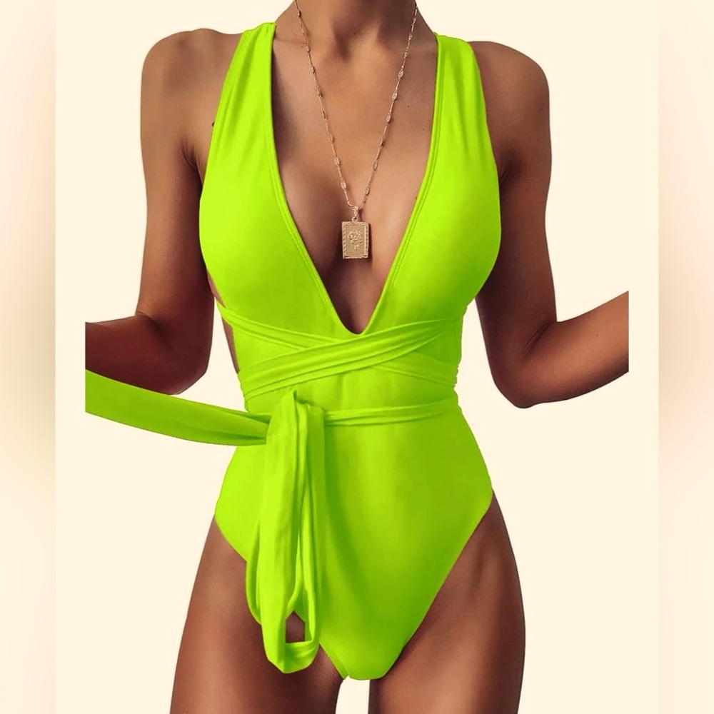 NWOT - Neon Green Criss Cross Tie; One Piece Swimsuit; High Cut Brazilian Thong